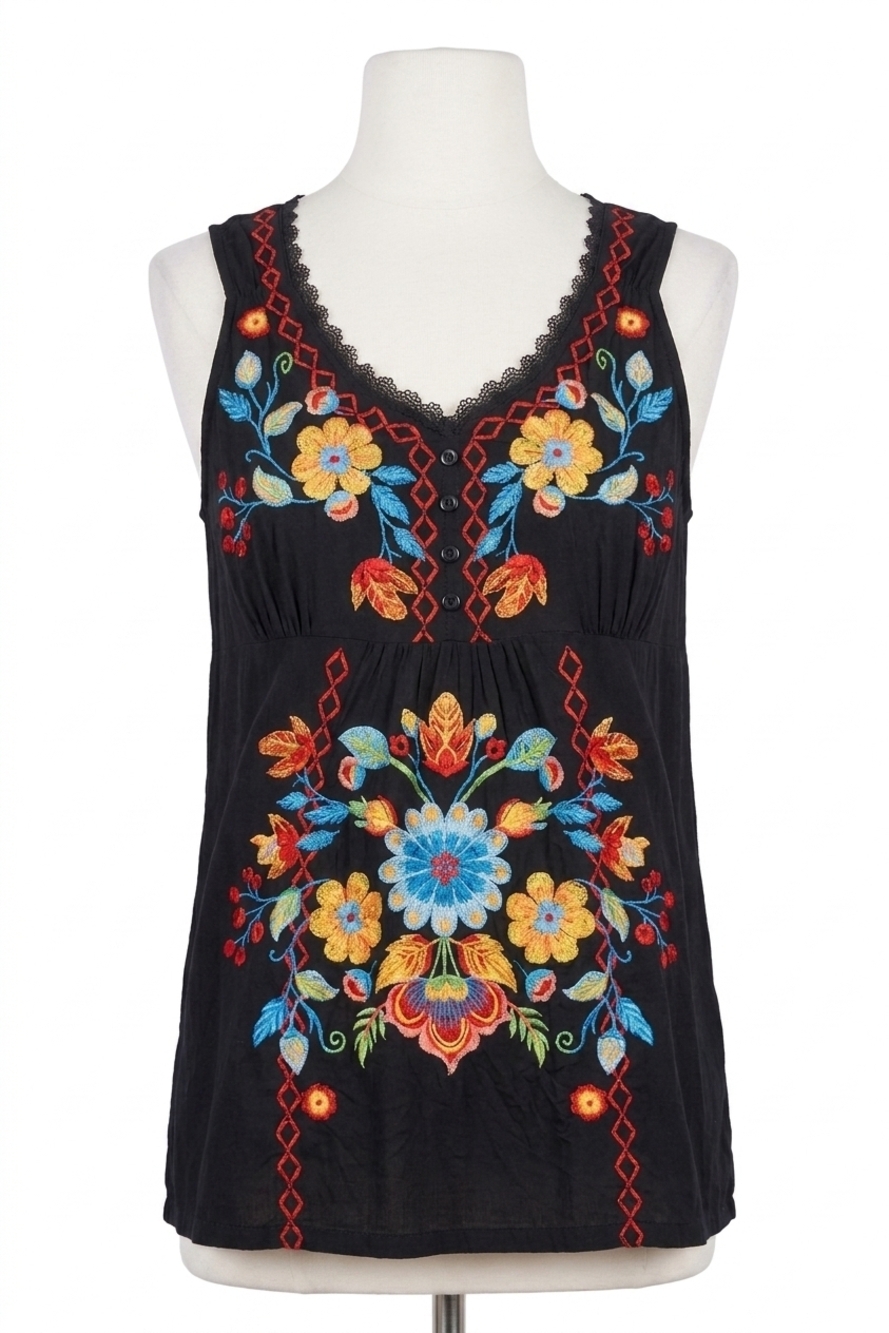 NEW PAPARAZZI woven embroidered empire waist tank top in black